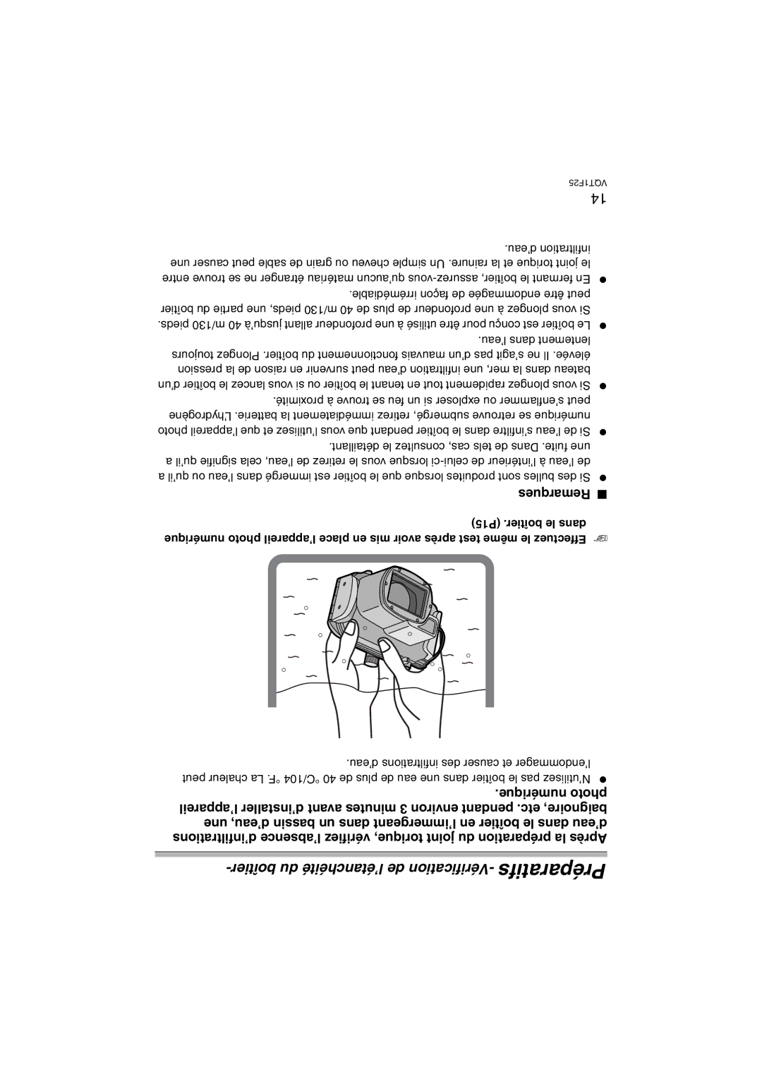 Panasonic DMW-MCTZ3 operating instructions Boîtier du l’étanchéité de Vérification- Préparatifs, ’eau dans lentement 