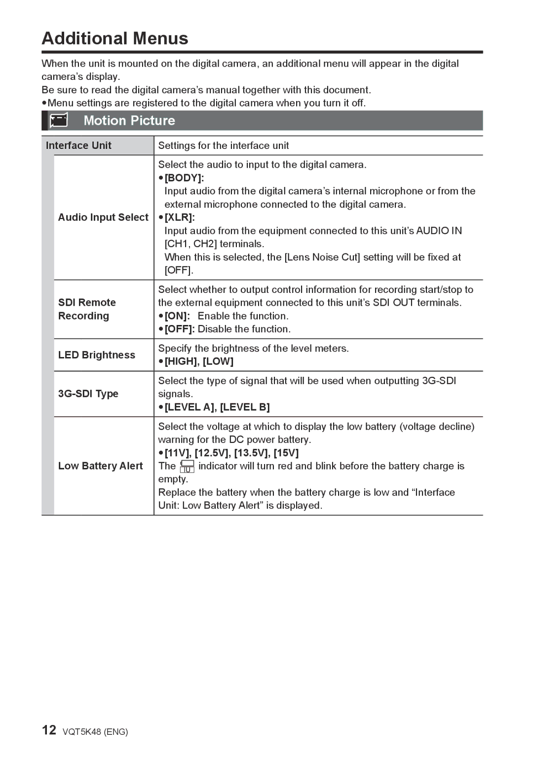 Panasonic DMW-YAGHPP owner manual Additional Menus 