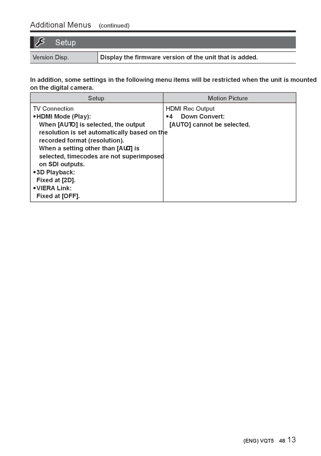 Panasonic DMW-YAGHPP owner manual Additional Menus, Version Disp, Setup Motion Picture TV Connection Hdmi Rec Output 