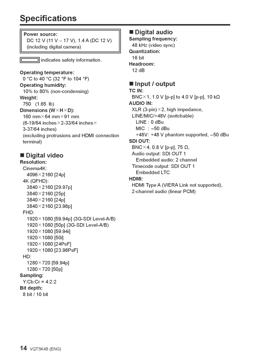 Panasonic DMW-YAGHPP owner manual Specifications, „„Digital video, „„Digital audio, „„Input / output 