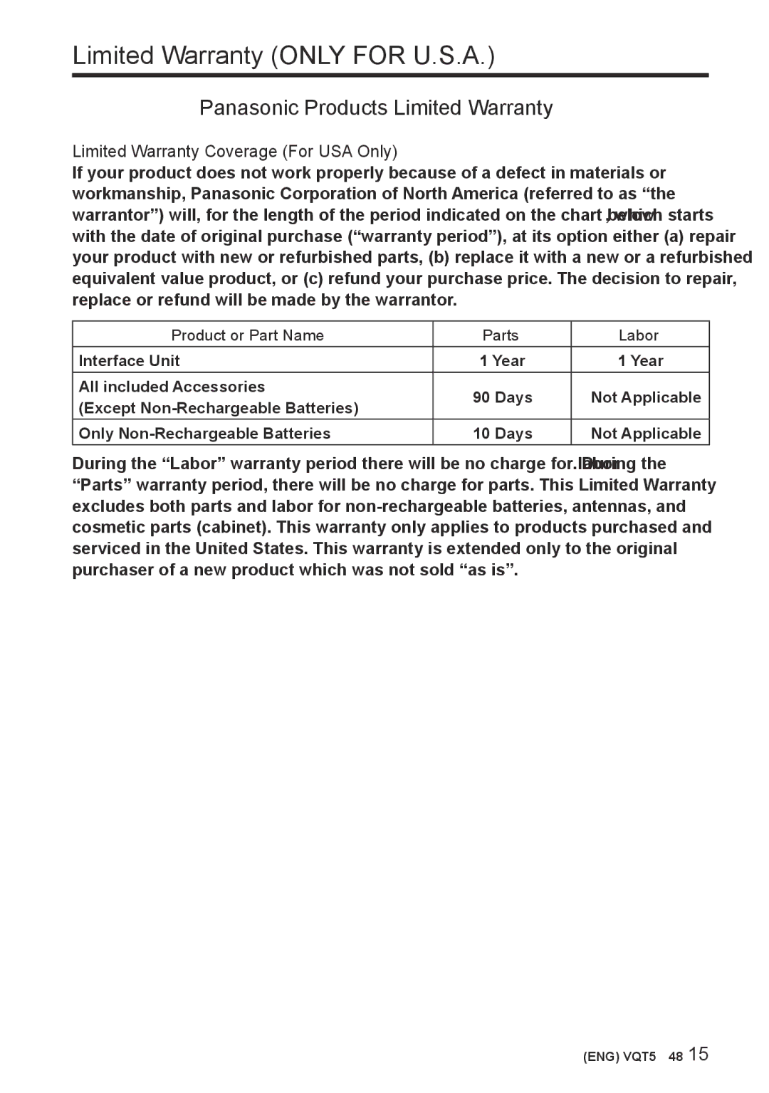 Panasonic DMW-YAGHPP owner manual Limited Warranty only for U.S.A, Panasonic Products Limited Warranty 