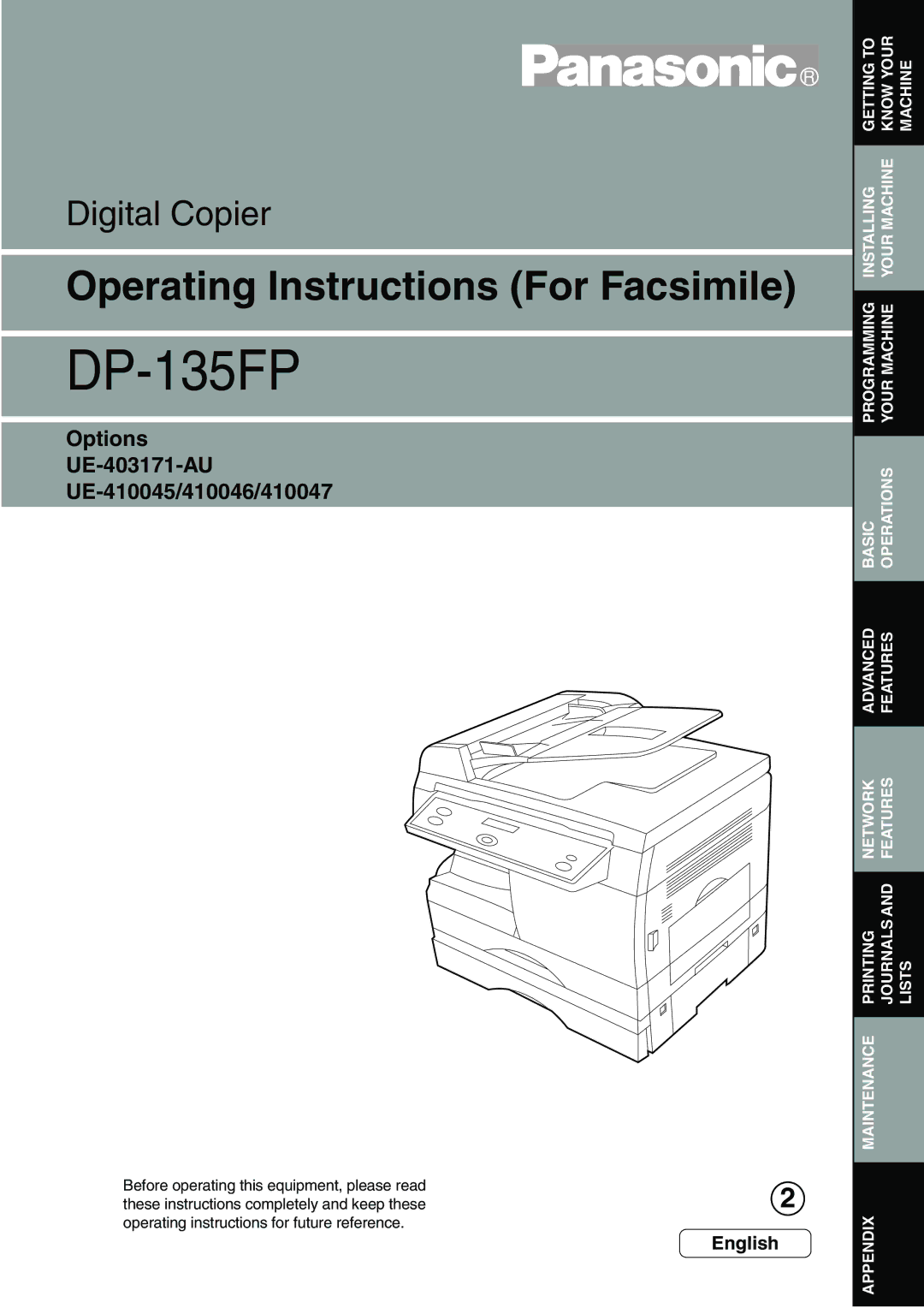 Panasonic DP-135FP appendix Options UE-403171-AU UE-410045/410046/410047, English 