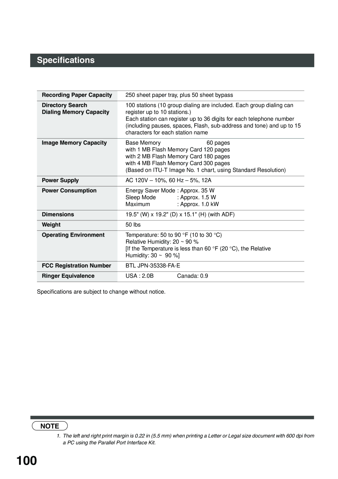 Panasonic DP-135FP Recording Paper Capacity, Directory Search, Dialing Memory Capacity, Image Memory Capacity, Dimensions 