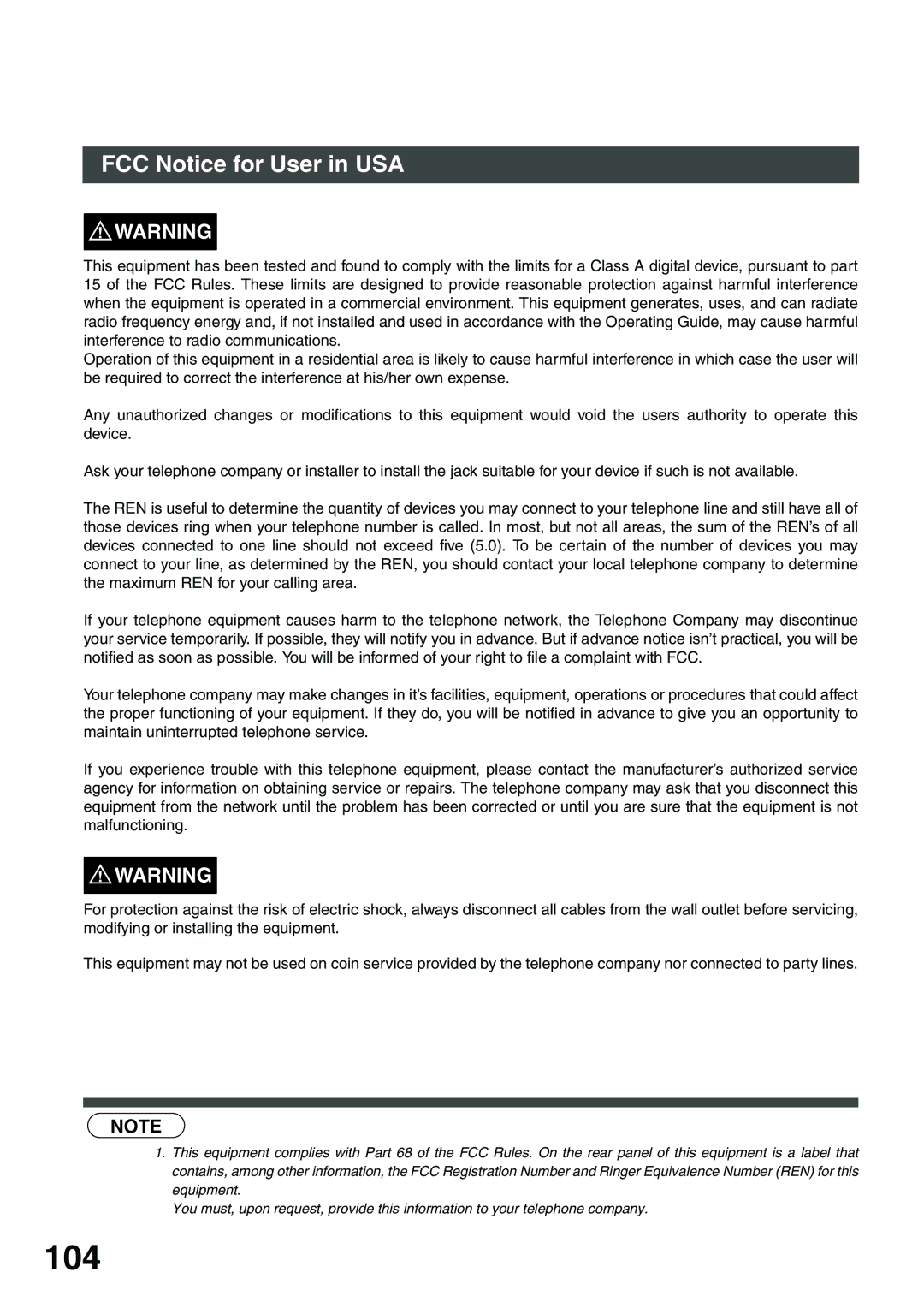 Panasonic DP-135FP appendix 104, FCC Notice for User in USA 