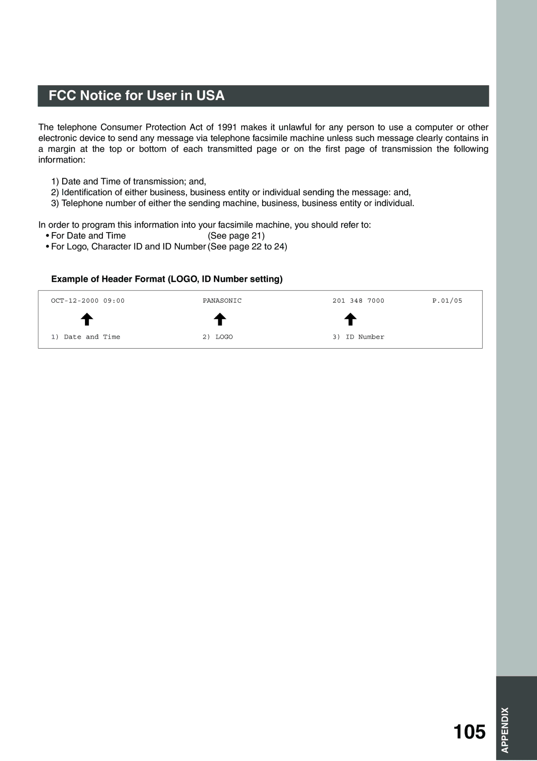 Panasonic DP-135FP appendix 105, Example of Header Format LOGO, ID Number setting 