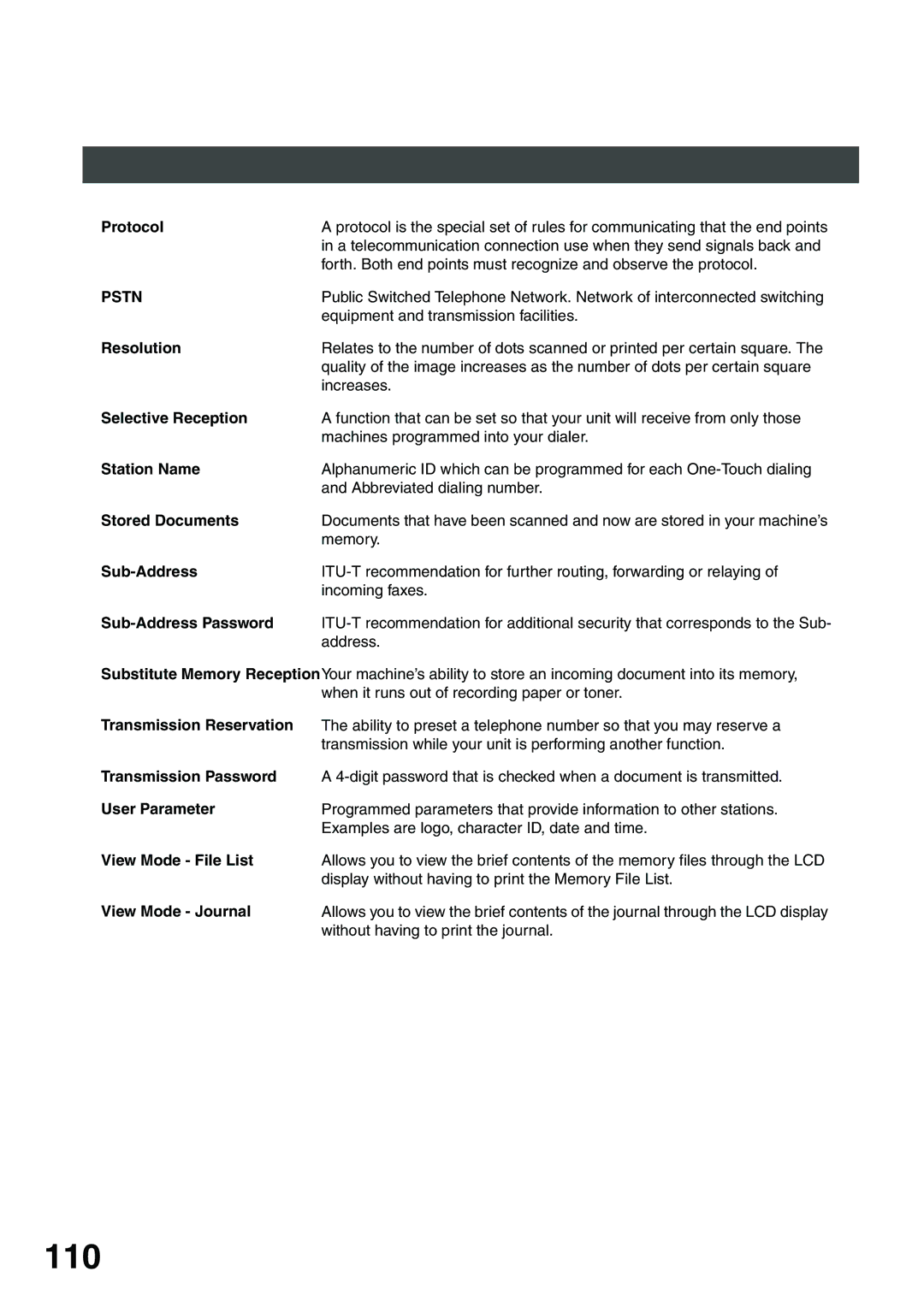 Panasonic DP-135FP Protocol, Resolution, Selective Reception, Station Name, Stored Documents, Sub-Address, User Parameter 