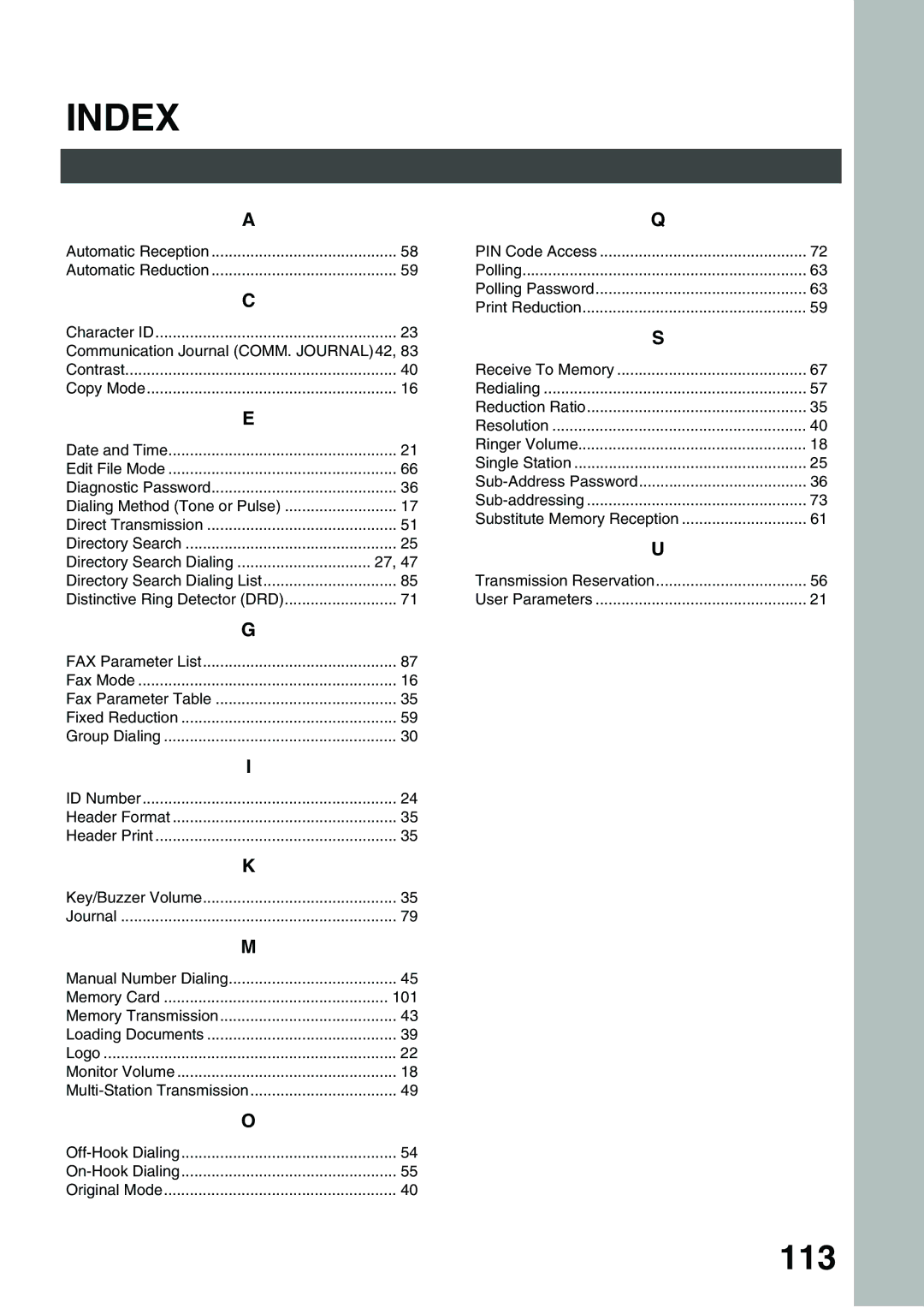 Panasonic DP-135FP appendix Index, Communication Journal COMM. JOURNAL42 