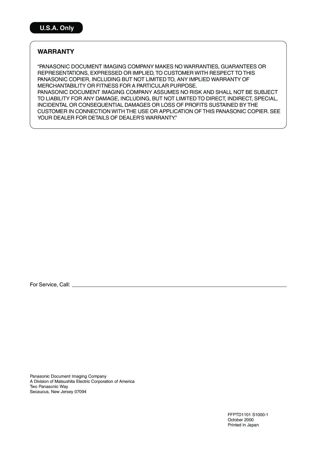 Panasonic DP-135FP appendix Warranty, For Service, Call 