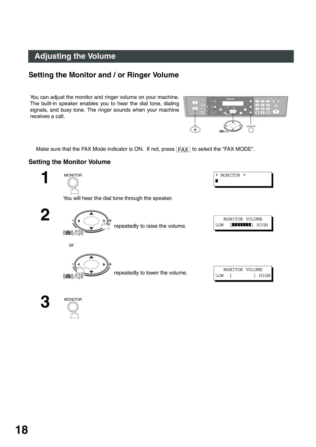 Panasonic DP-135FP appendix Adjusting the Volume, Setting the Monitor and / or Ringer Volume, Setting the Monitor Volume 