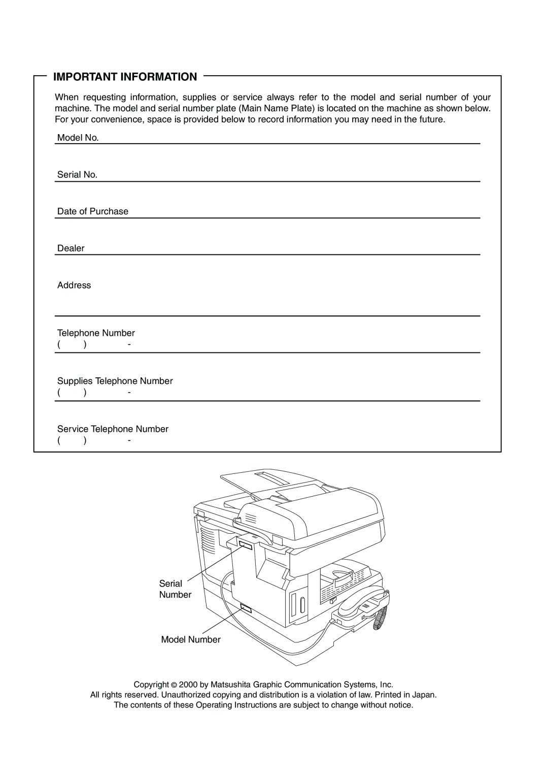 Panasonic DP-135FP appendix Important Information 