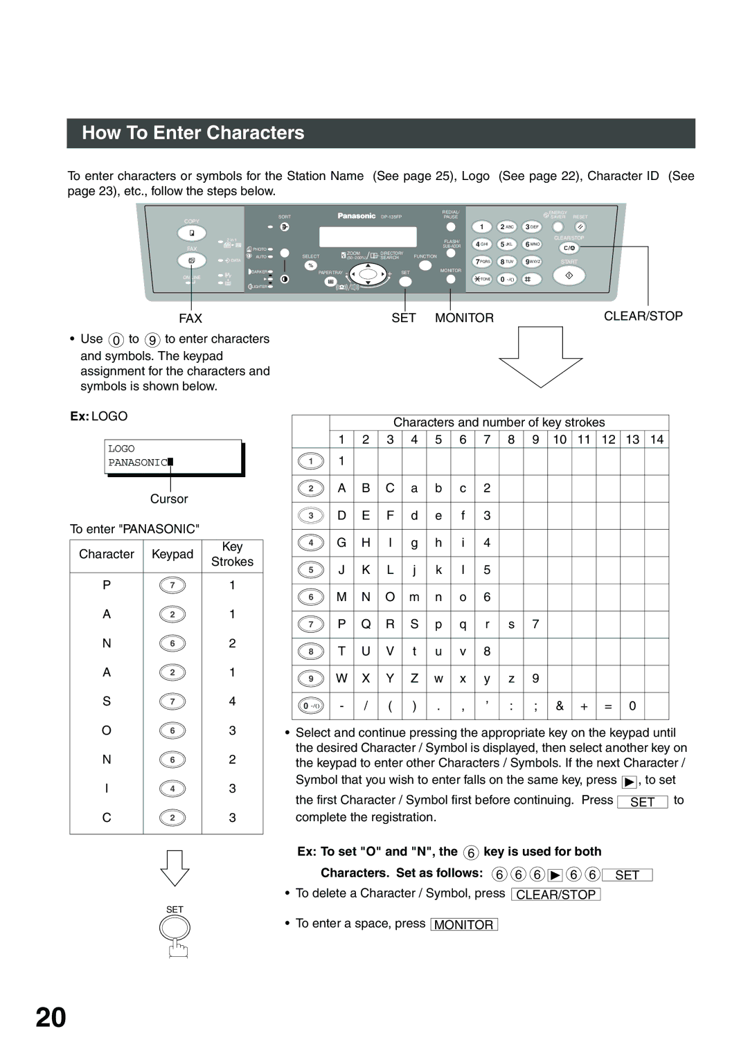 Panasonic DP-135FP appendix How To Enter Characters, Ex Logo 