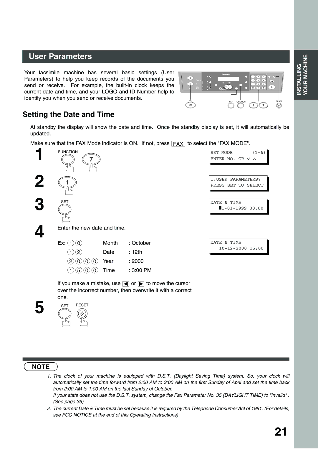 Panasonic DP-135FP User Parameters, Setting the Date and Time, Your facsimile machine has several basic settings User 