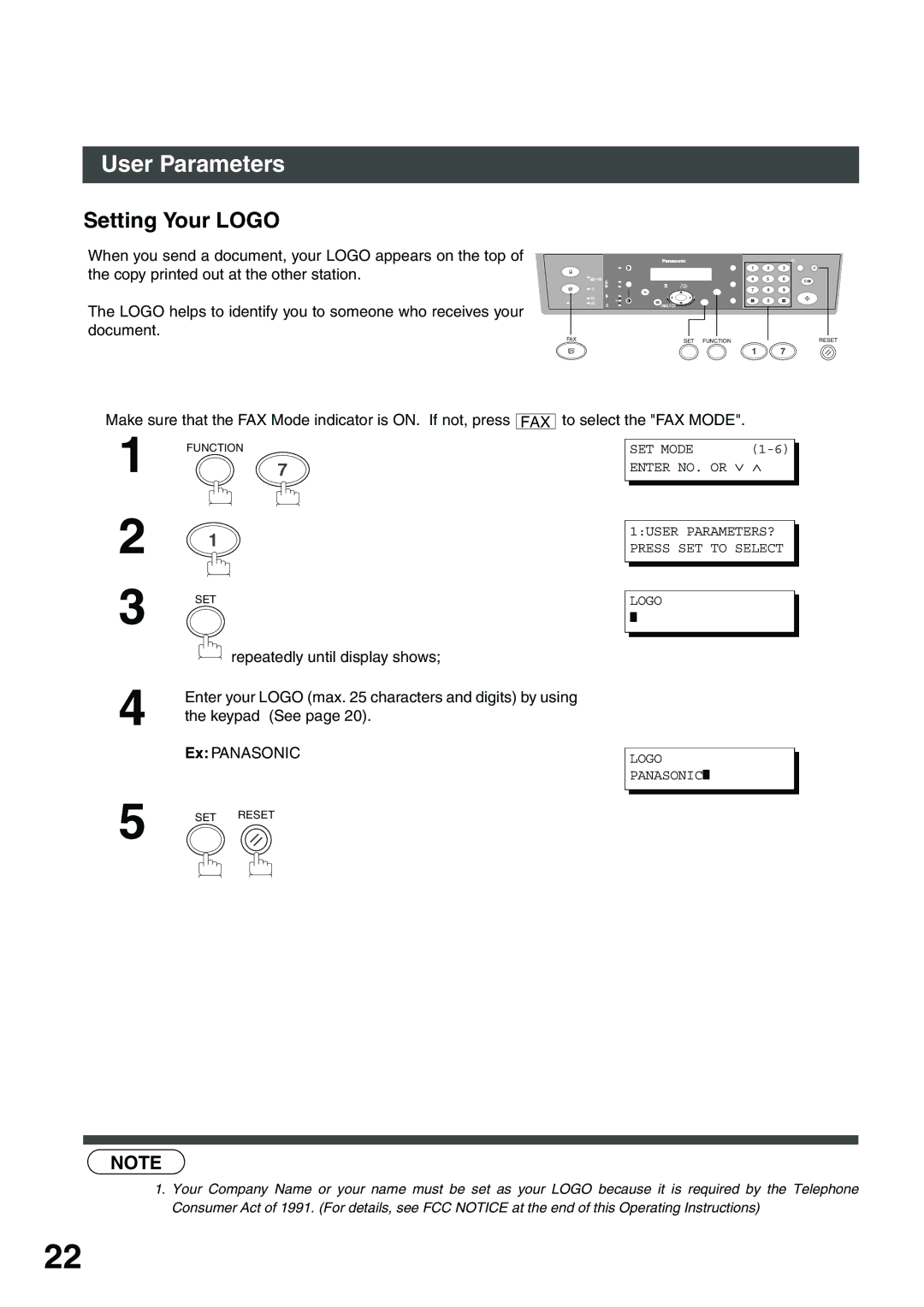 Panasonic DP-135FP appendix Setting Your Logo, Repeatedly until display shows 