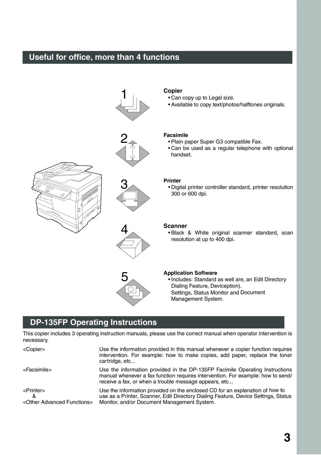 Panasonic appendix Useful for office, more than 4 functions, DP-135FP Operating Instructions, Facsimile, Printer 