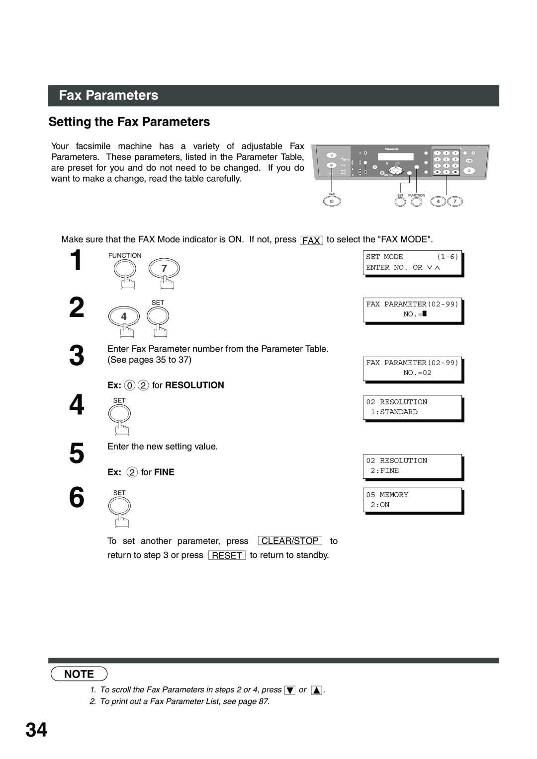 Panasonic DP-135FP appendix Setting the Fax Parameters, Ex 0 2 for Resolution, Ex 2 for Fine 