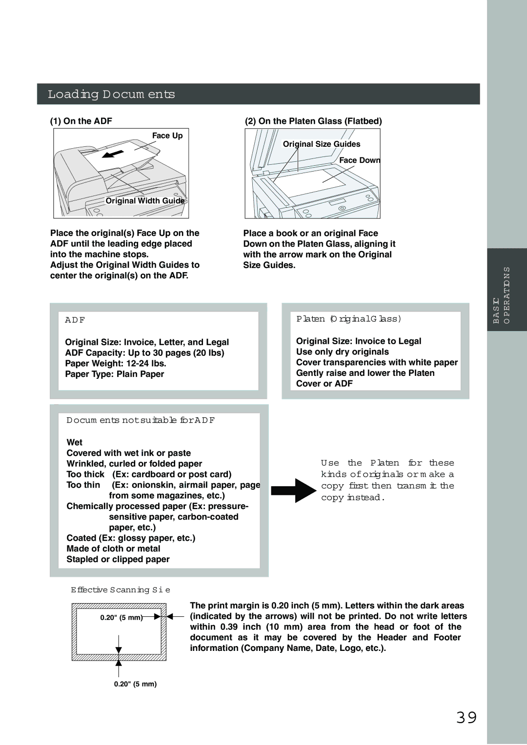 Panasonic DP-135FP appendix Loading Documents, Effective Scanning Size, Within 0.39 inch 10 mm area from the head or foot 