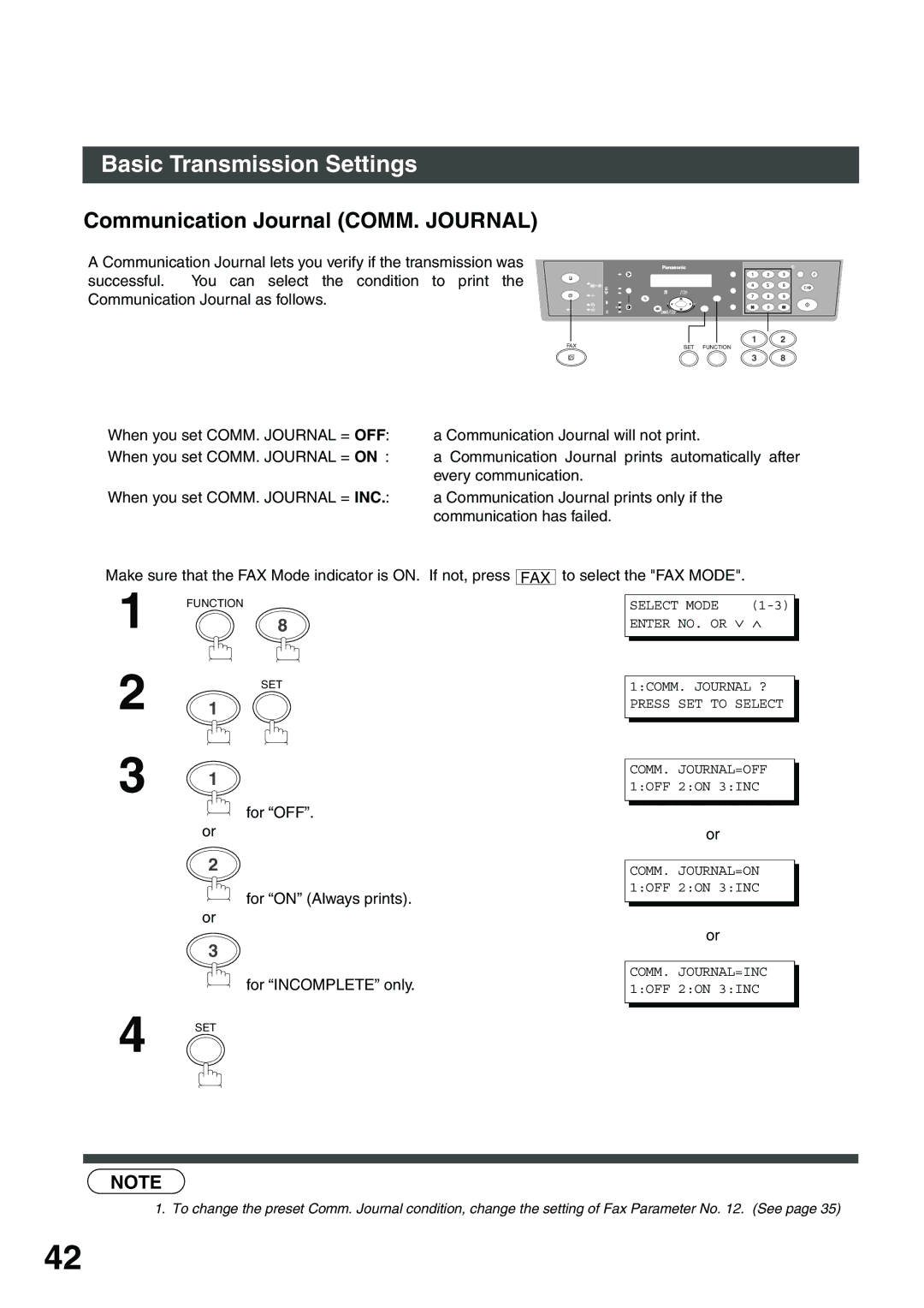 Panasonic DP-135FP appendix Communication Journal COMM. Journal, For OFF. or For on Always prints. or For Incomplete only 