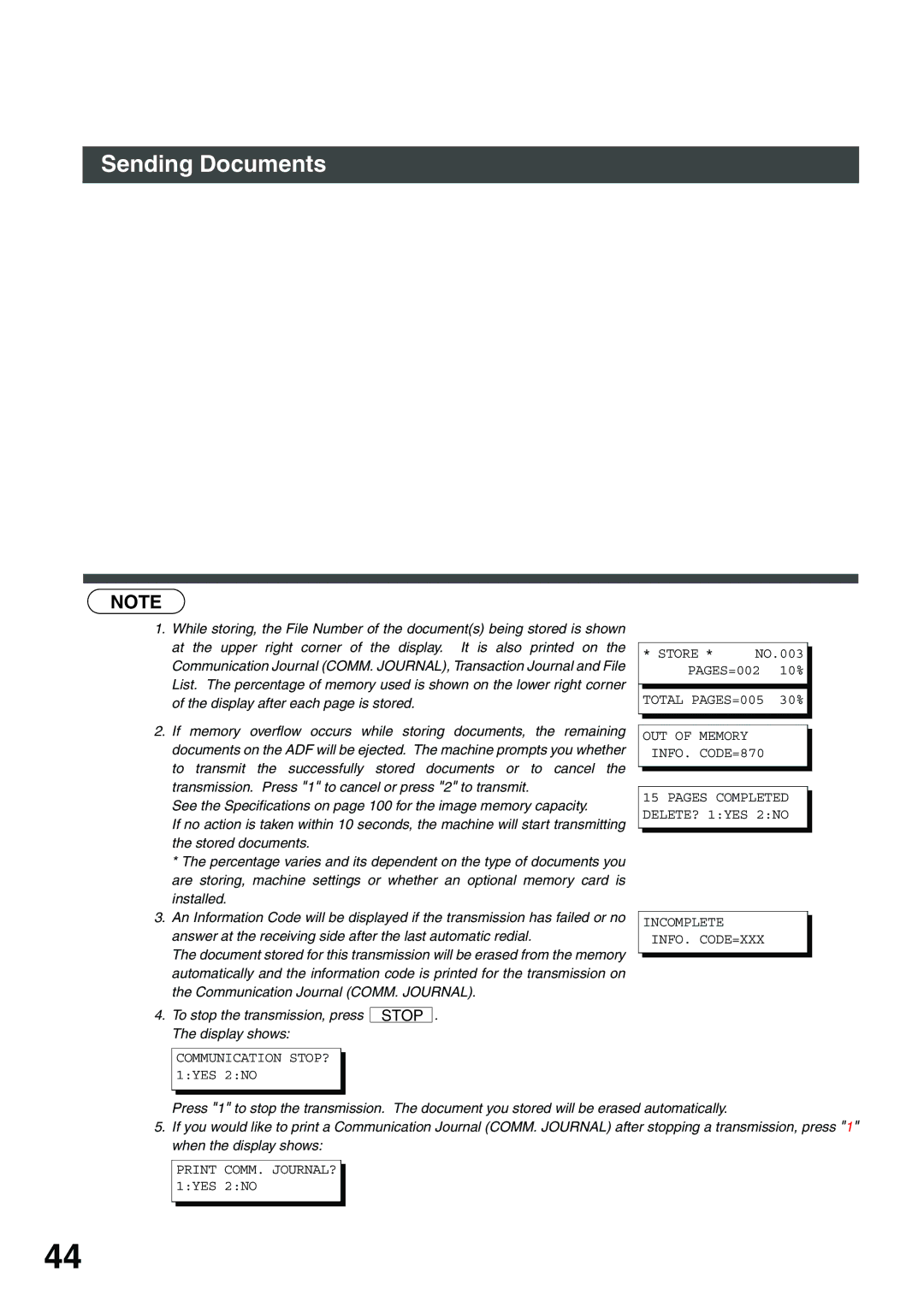 Panasonic DP-135FP appendix Communication STOP? 1YES 2NO Store 