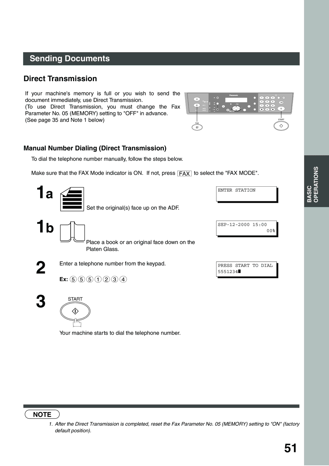 Panasonic DP-135FP appendix Manual Number Dialing Direct Transmission, Your machine starts to dial the telephone number 