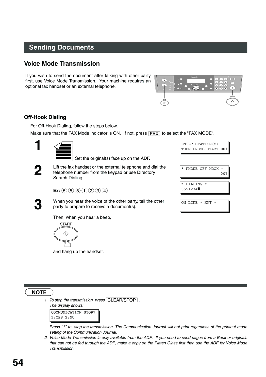 Panasonic DP-135FP appendix Voice Mode Transmission, Off-Hook Dialing, Hang up the handset 