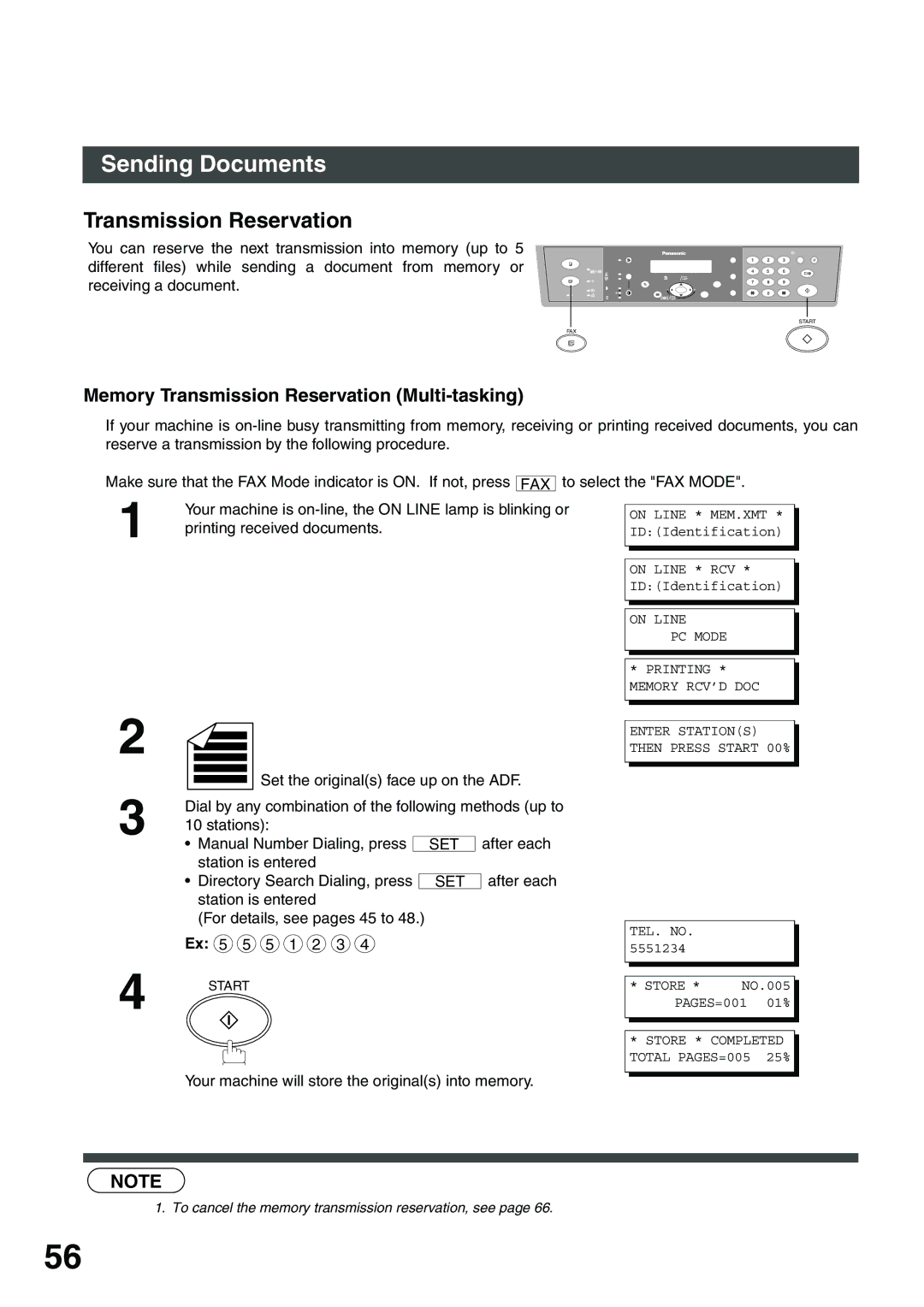 Panasonic DP-135FP Memory Transmission Reservation Multi-tasking, Your machine will store the originals into memory 