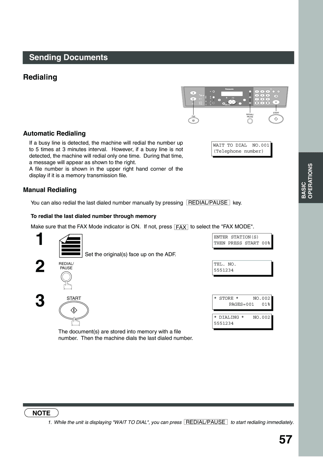 Panasonic DP-135FP appendix Automatic Redialing, Manual Redialing, Key, To redial the last dialed number through memory 