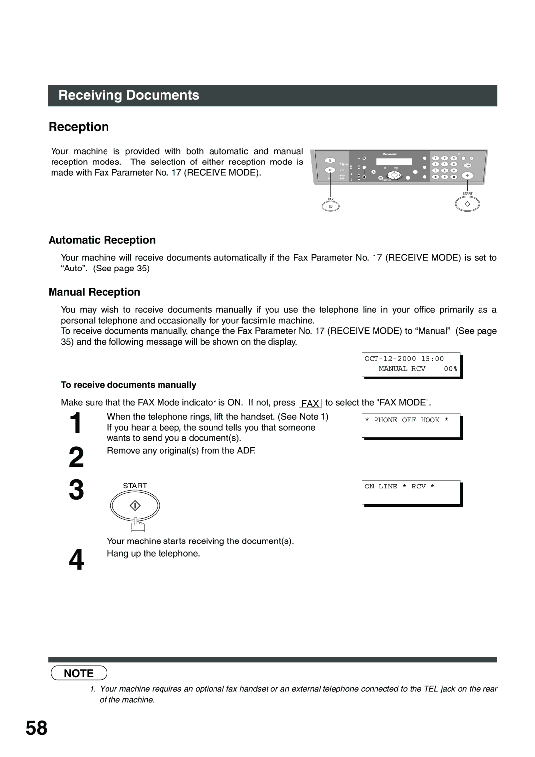 Panasonic DP-135FP appendix Receiving Documents, Automatic Reception, Manual Reception, To receive documents manually 