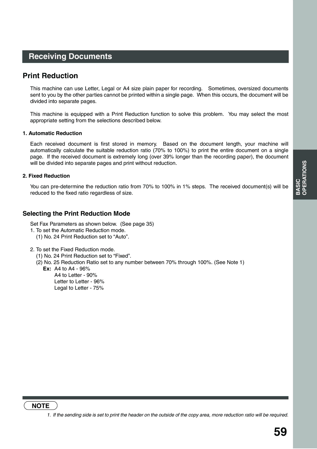 Panasonic DP-135FP appendix Selecting the Print Reduction Mode, Automatic Reduction, Fixed Reduction 