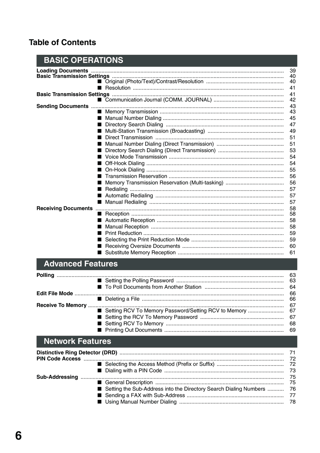 Panasonic DP-135FP appendix Advanced Features, Network Features, Table of Contents 