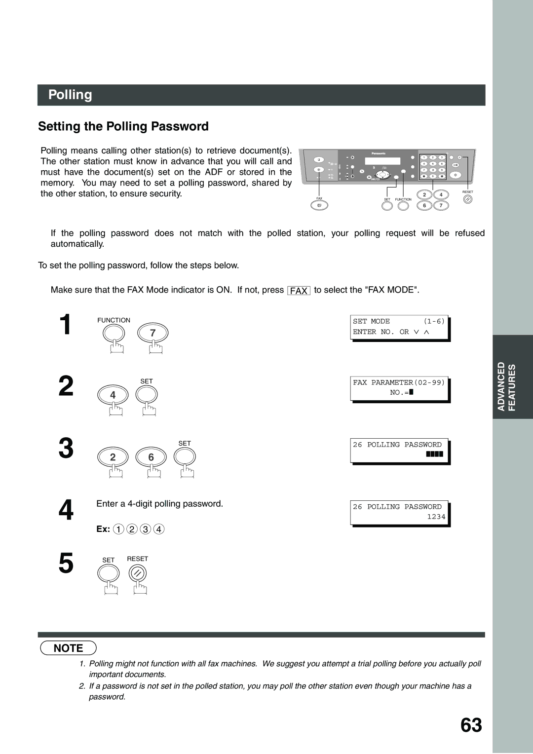 Panasonic DP-135FP appendix Setting the Polling Password, Polling means calling other stations to retrieve documents 