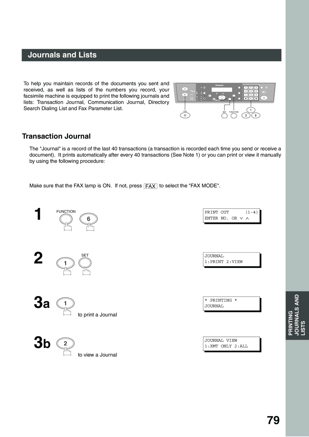 Panasonic DP-135FP appendix Journals and Lists, Transaction Journal, To print a Journal To view a Journal 