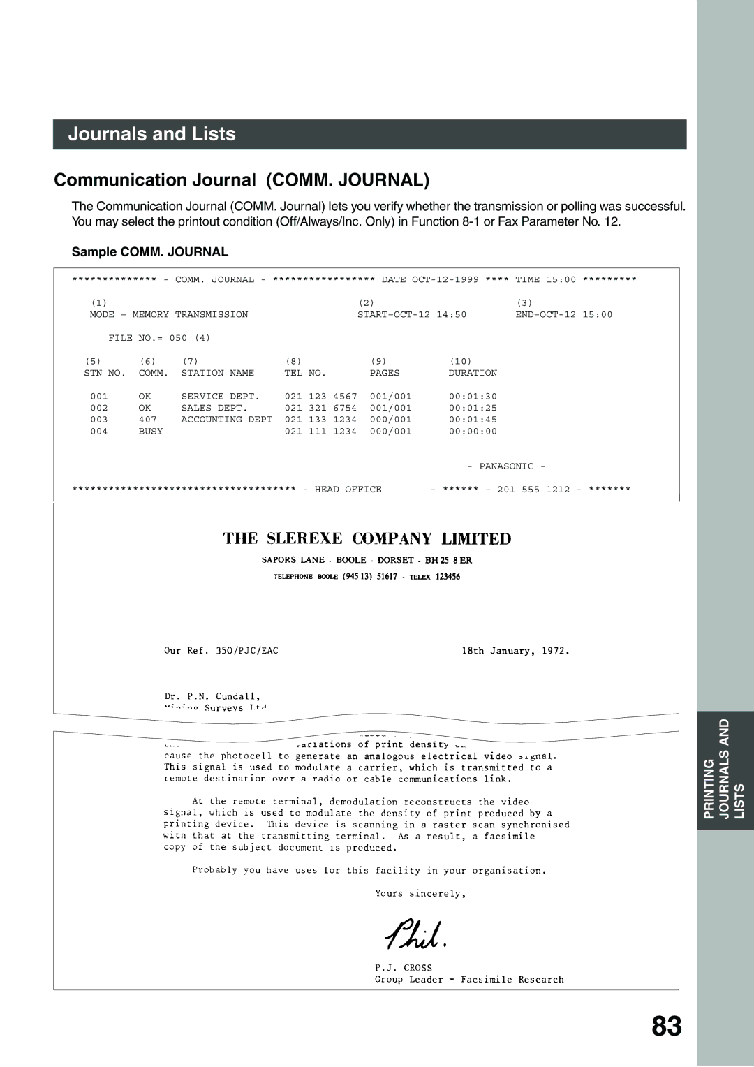 Panasonic DP-135FP appendix Communication Journal COMM. Journal, Sample COMM. Journal 