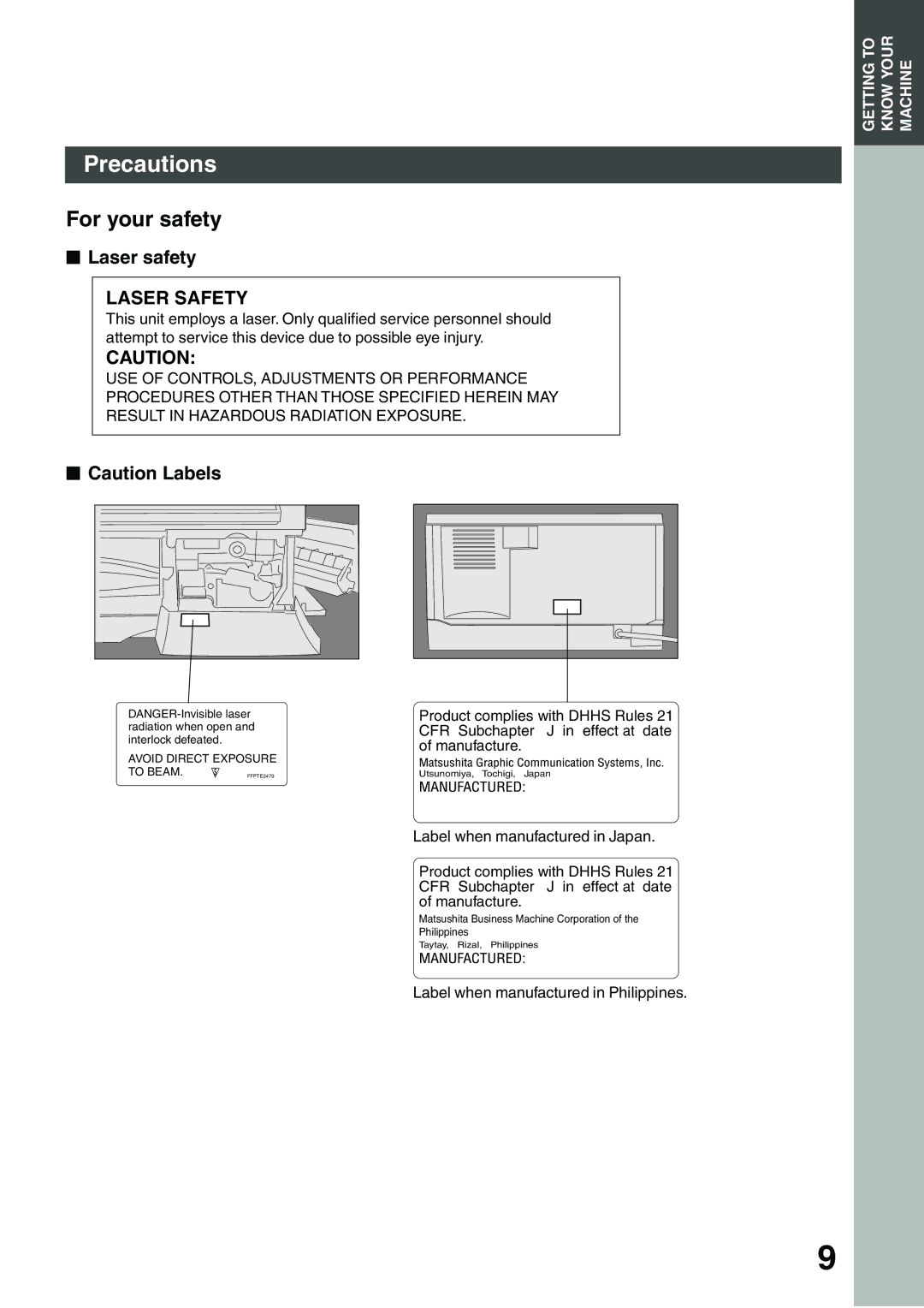 Panasonic DP-135FP appendix Precautions, For your safety, Laser safety, Label when manufactured in Philippines 