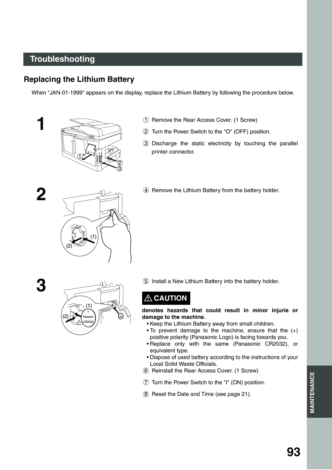 Panasonic DP-135FP appendix Replacing the Lithium Battery 