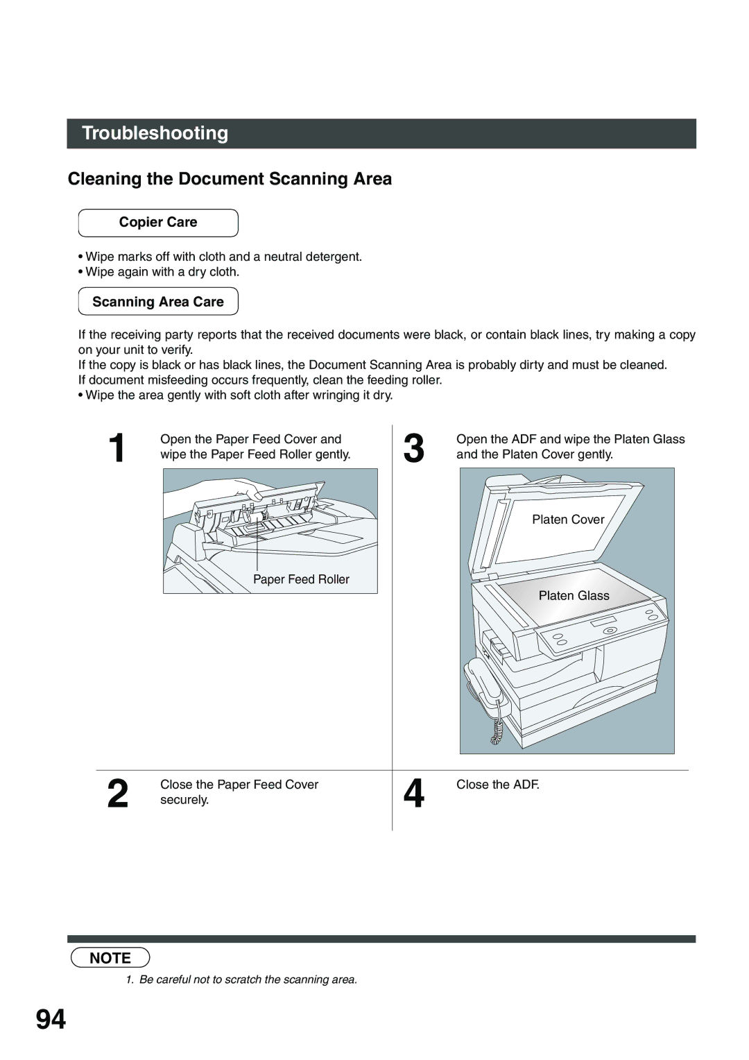 Panasonic DP-135FP appendix Cleaning the Document Scanning Area, Scanning Area Care 