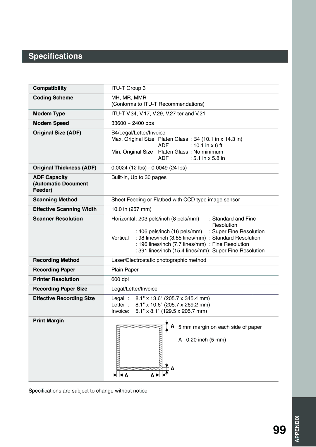 Panasonic DP-135FP appendix Specifications 