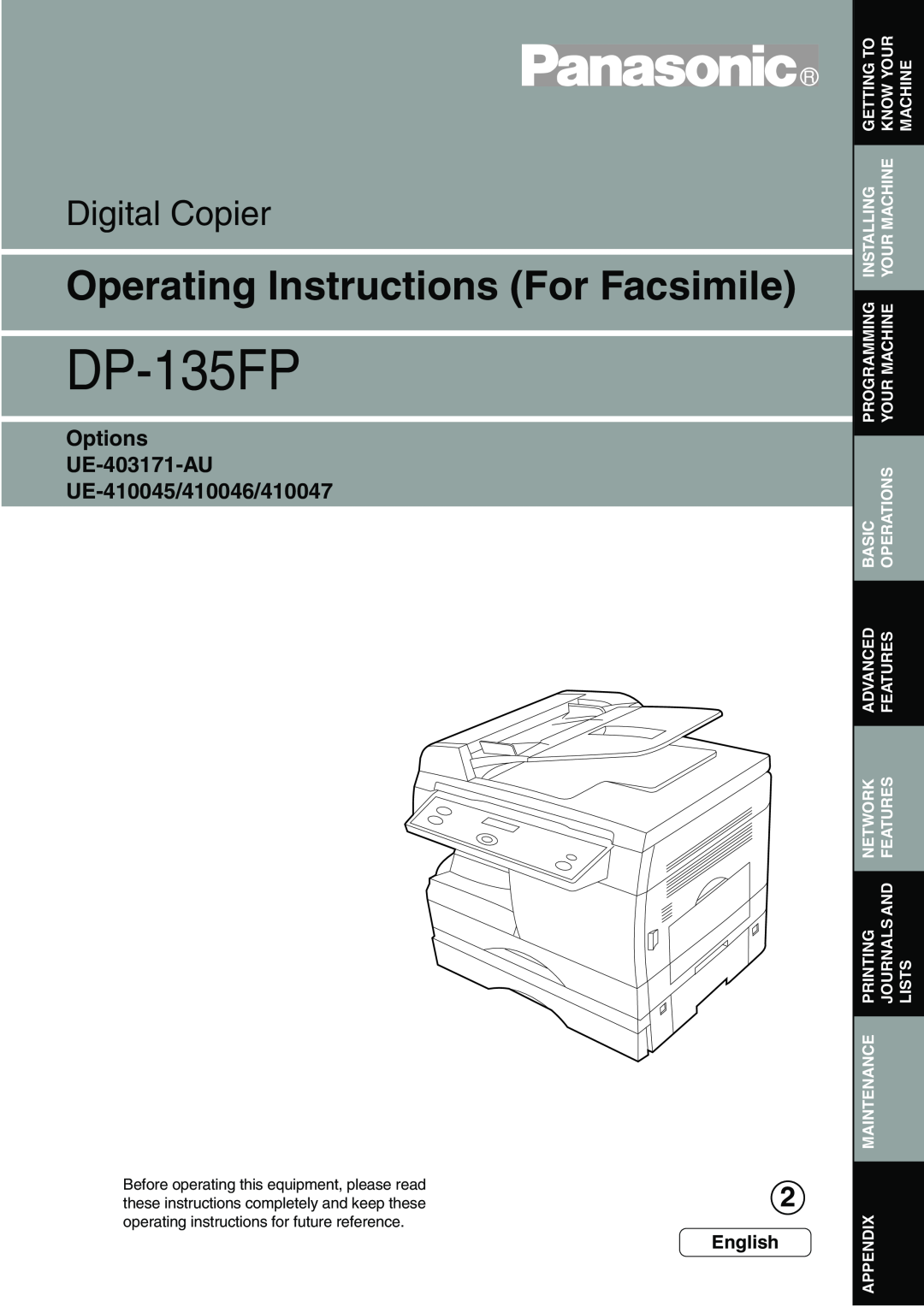 Panasonic DP-135FP appendix Options UE-403171-AU UE-410045/410046/410047, English, Operating Instructions For Facsimile 