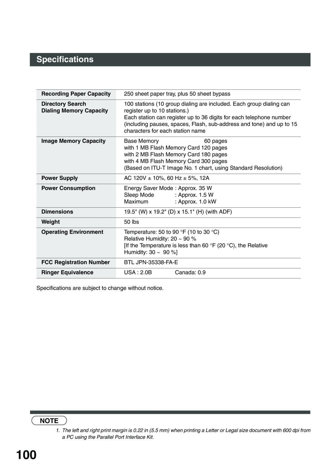 Panasonic DP-135FP appendix Specifications, Recording Paper Capacity 