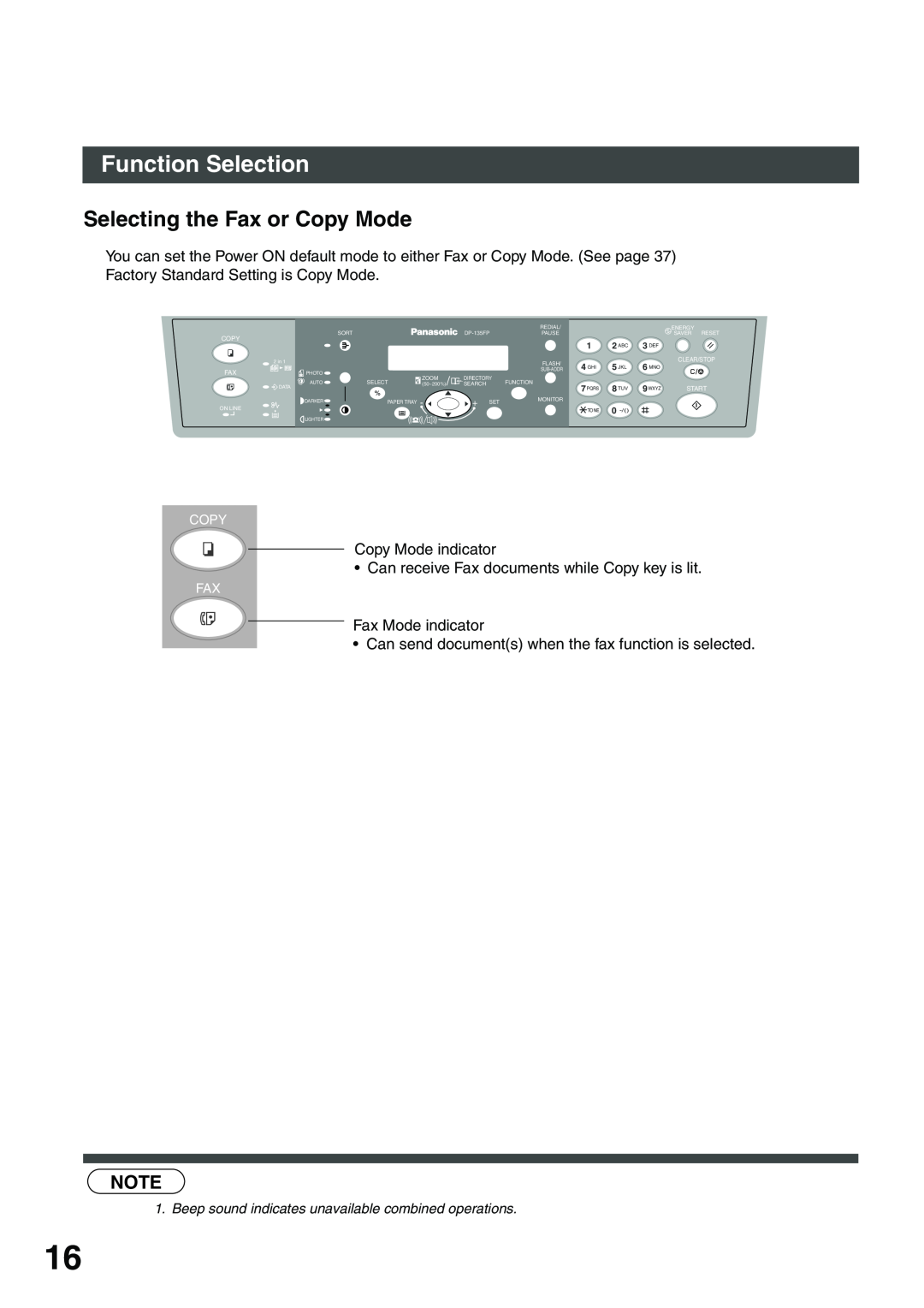 Panasonic DP-135FP appendix Function Selection, Selecting the Fax or Copy Mode 