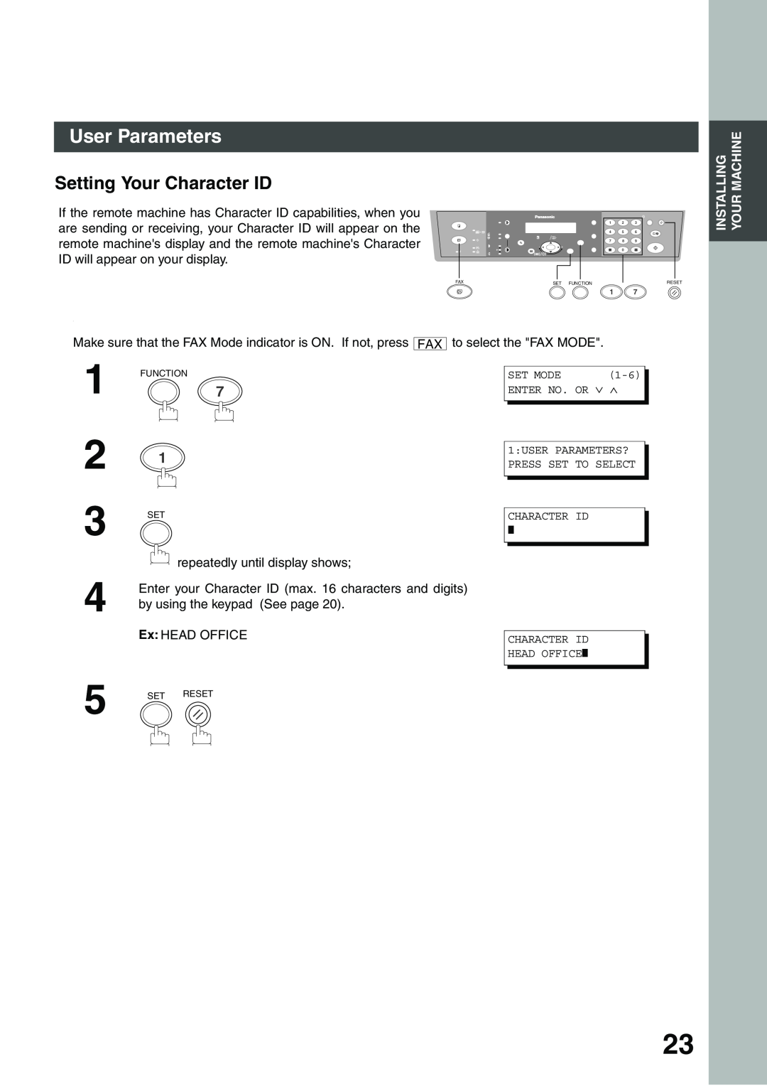 Panasonic DP-135FP appendix Setting Your Character ID, User Parameters, Installing Machine 