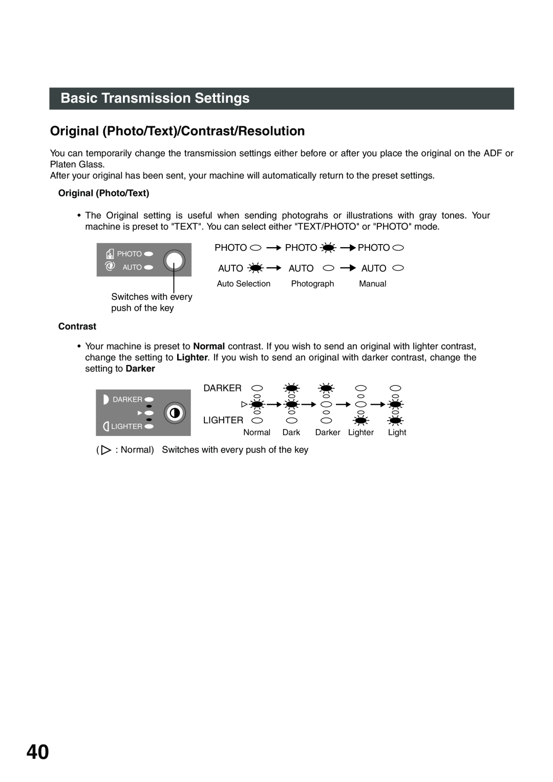 Panasonic DP-135FP appendix Basic Transmission Settings, Original Photo/Text/Contrast/Resolution 