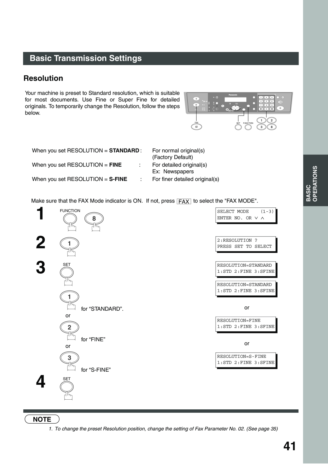 Panasonic DP-135FP appendix Resolution, Basic Transmission Settings 