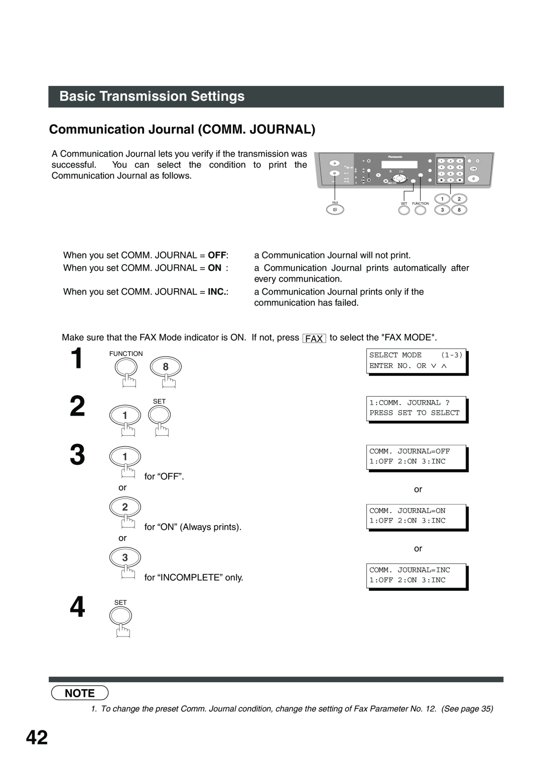 Panasonic DP-135FP appendix Communication Journal COMM. JOURNAL, Basic Transmission Settings 