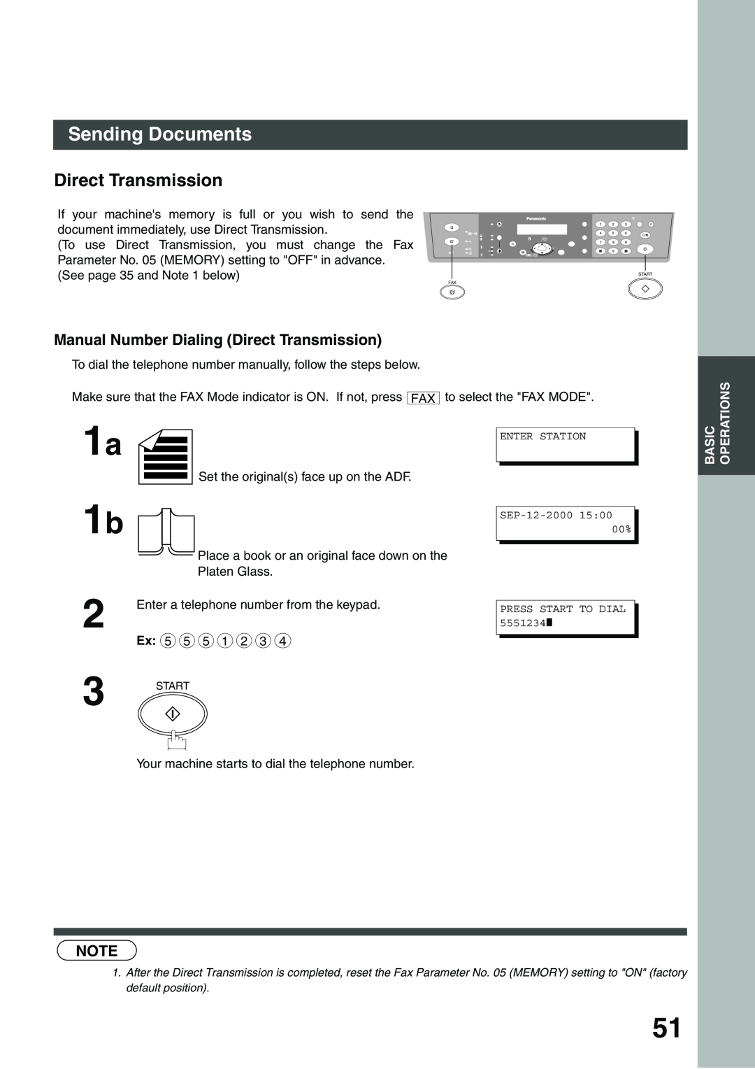 Panasonic DP-135FP appendix Manual Number Dialing Direct Transmission, Sending Documents 