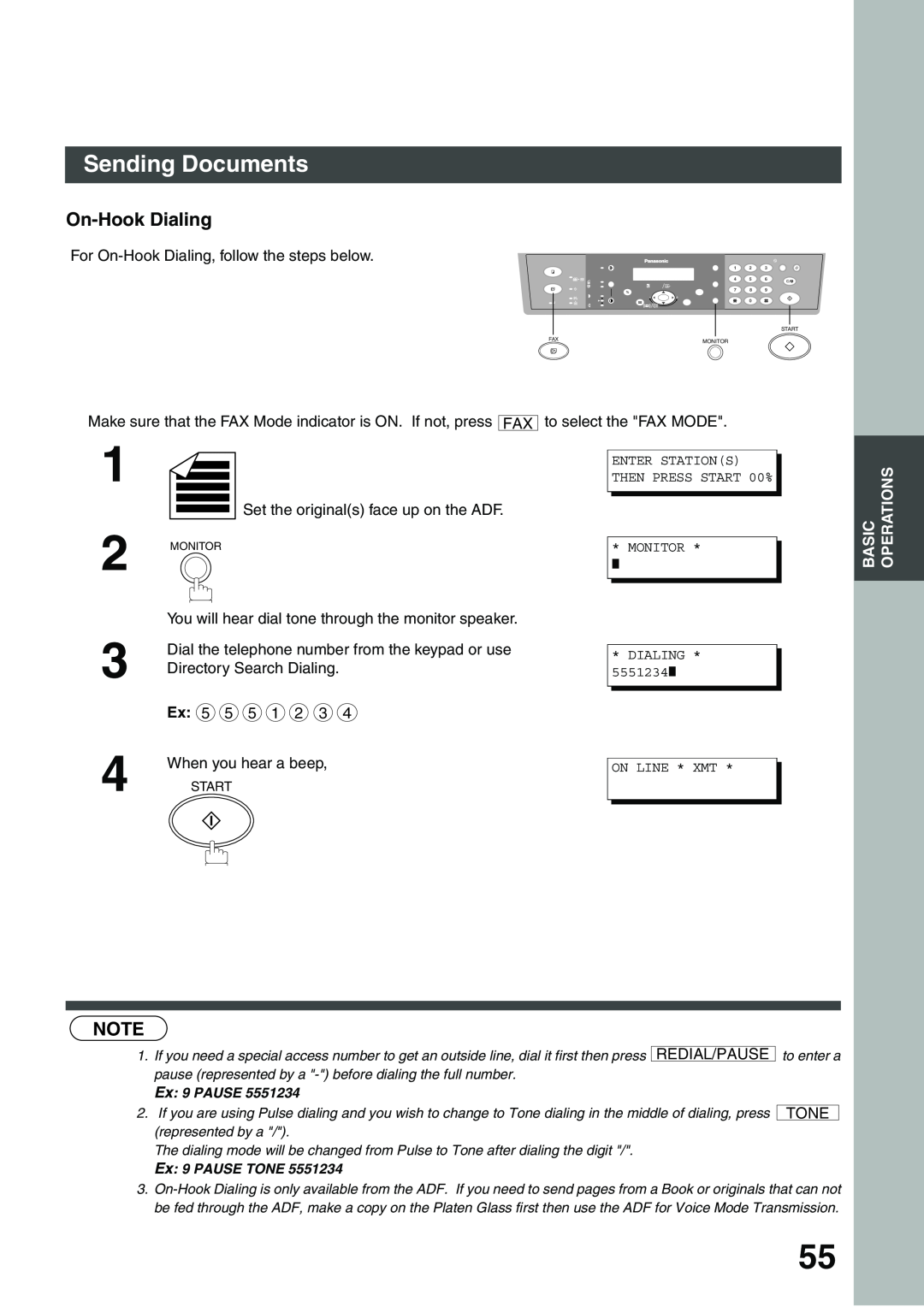 Panasonic DP-135FP appendix On-Hook Dialing, Sending Documents, Redial/Pause, Tone 