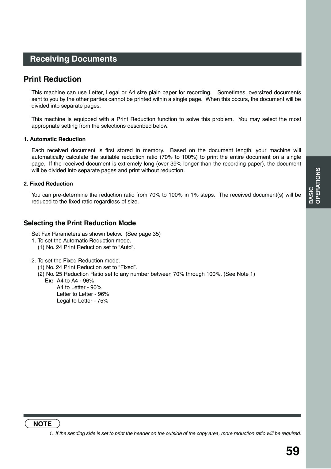 Panasonic DP-135FP appendix Selecting the Print Reduction Mode, Receiving Documents 