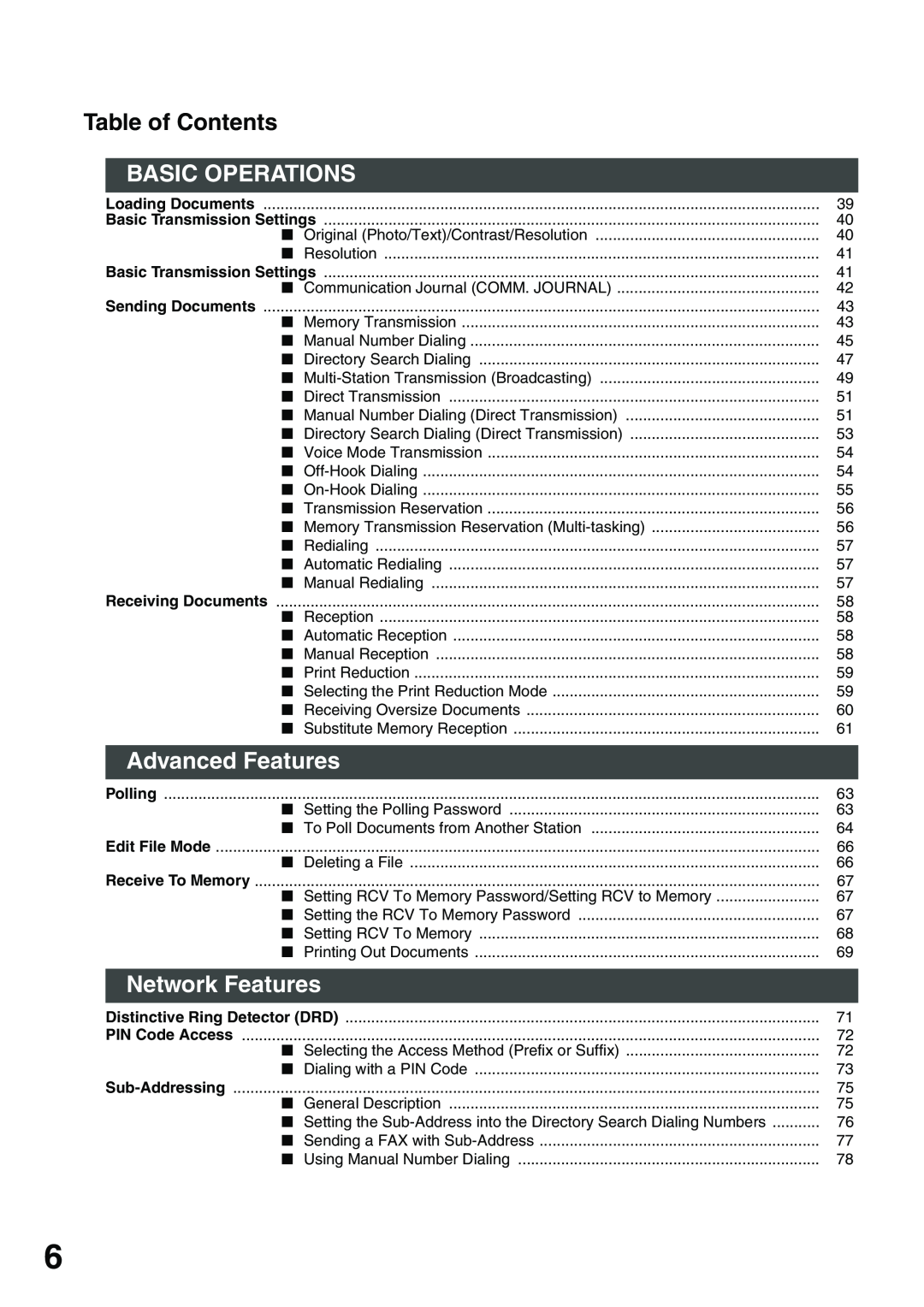Panasonic DP-135FP appendix Basic Operations, Advanced Features, Network Features, Table of Contents 
