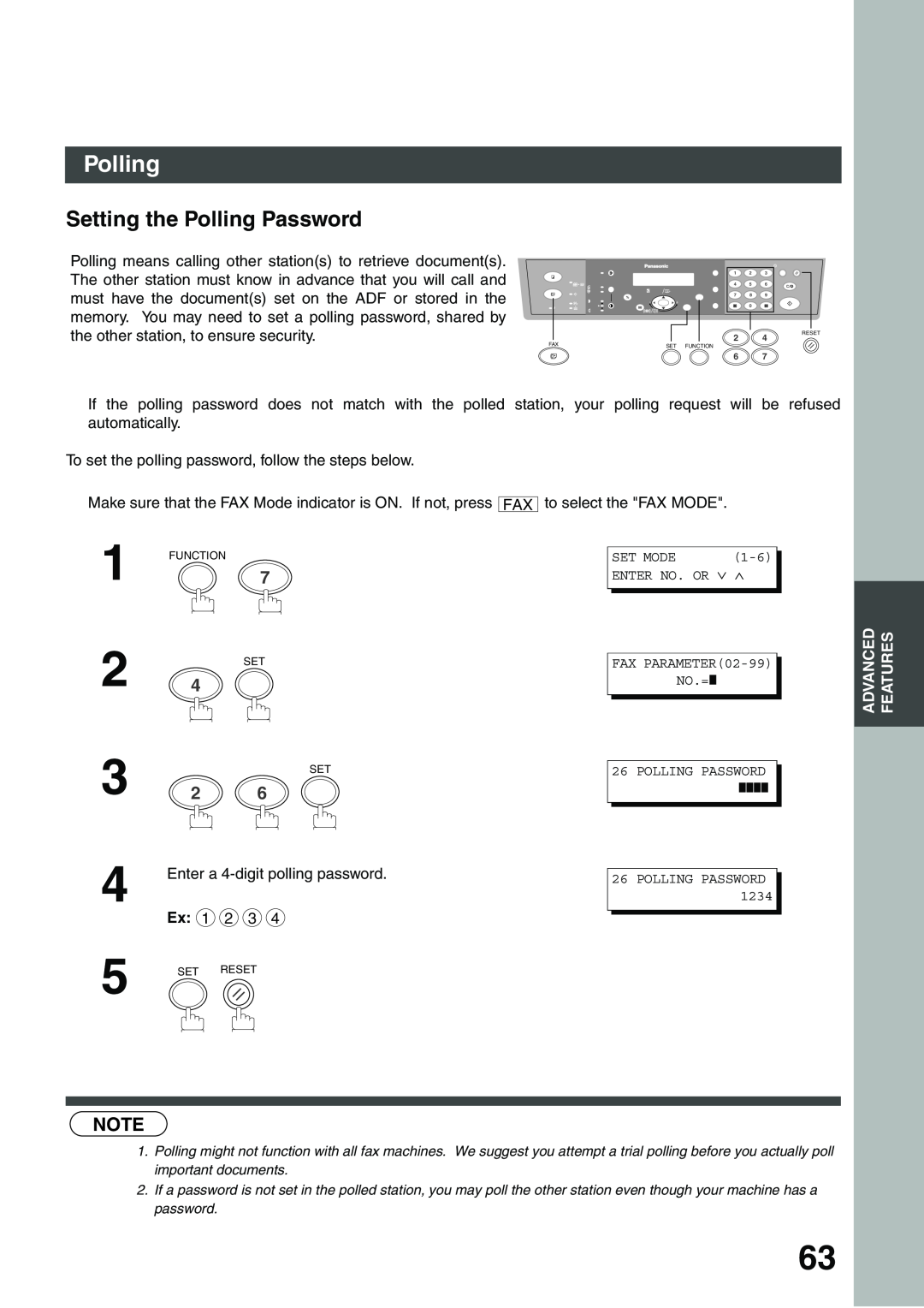 Panasonic DP-135FP appendix Setting the Polling Password, The other station must know in advance that you will call and 