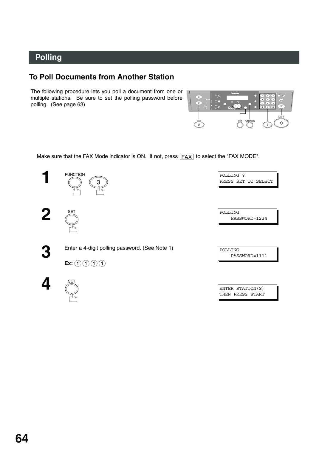Panasonic DP-135FP To Poll Documents from Another Station, Polling ? Press Set To Select, POLLING PASSWORD=1234 