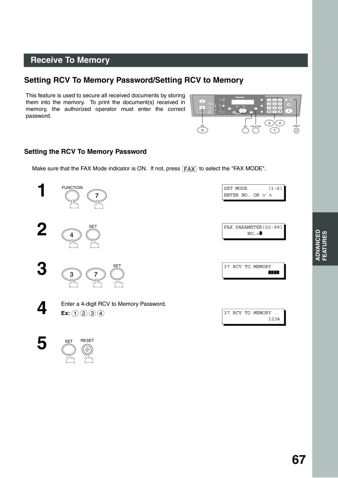 Panasonic DP-135FP appendix Receive To Memory, Setting RCV To Memory Password/Setting RCV to Memory 